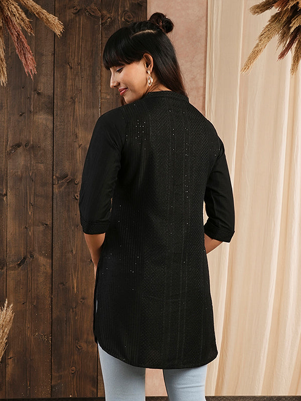 Odette Black Embroidered Chanderi Silk Stitched Short Kurta For Women