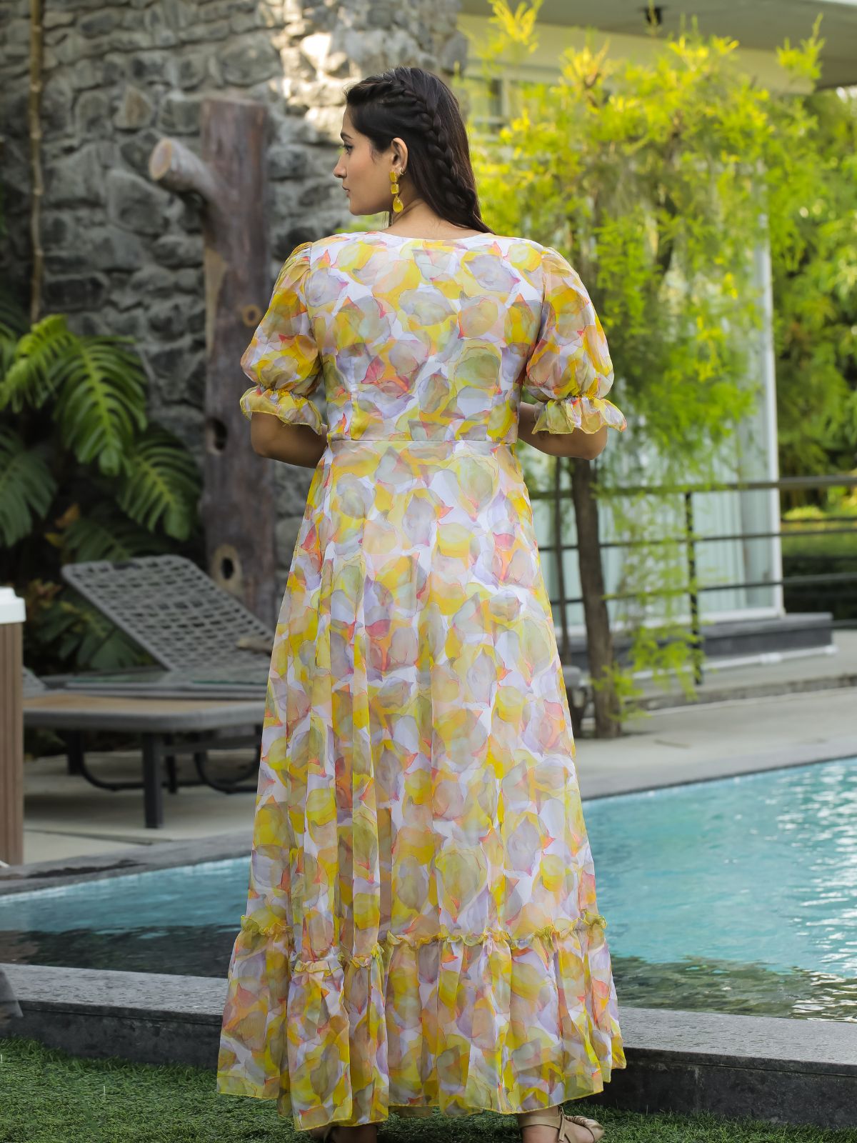 Odette Yellow Georgette Stitched Printed Indo Western Dress For Women