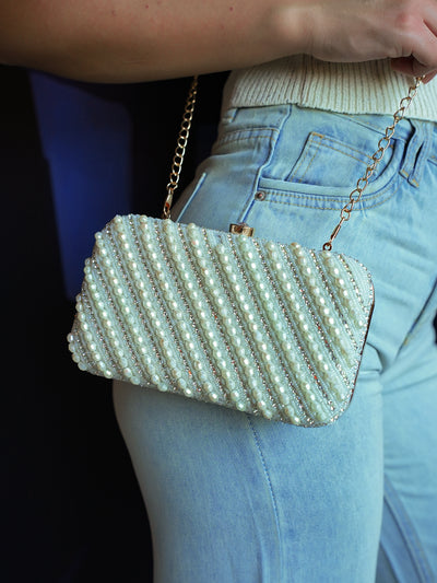 Odette Off White Jute Beads Embellished Clutch For Women