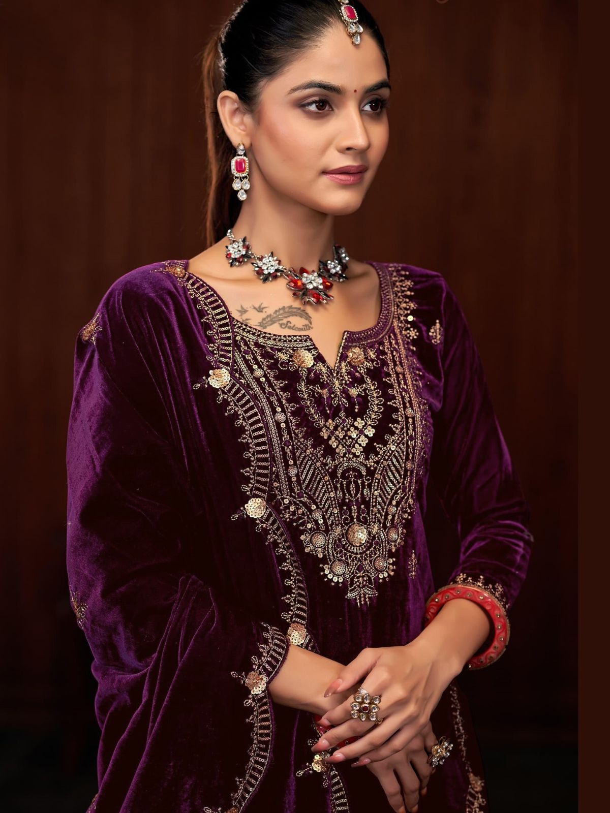 Odette Purple Velvet Embroidered Semi-Stitched Kurta Set For Women