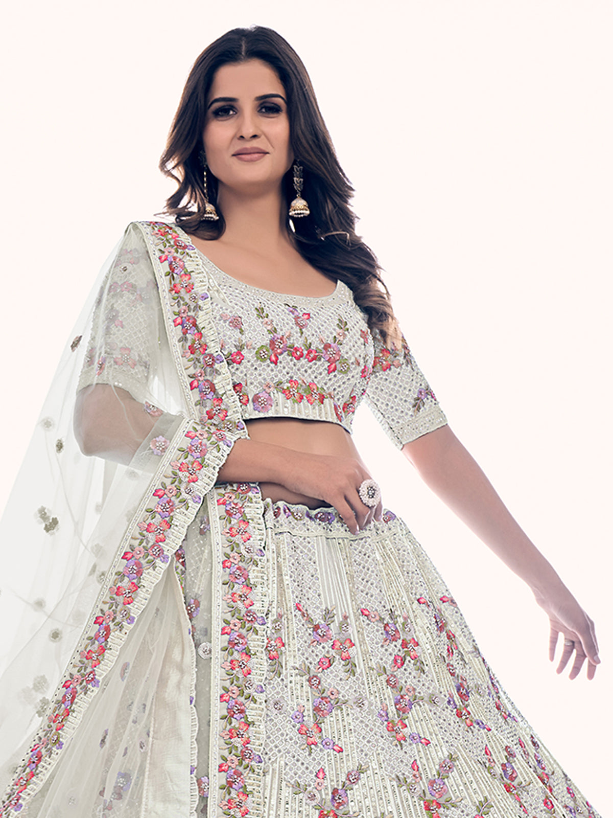 Odette White Embroidered Soft Net Semi Stitched Lehenga With Blouse For Women