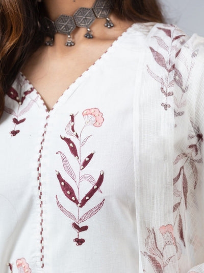 Odette White Cotton Blend Printed Straight Kurta Set For Women