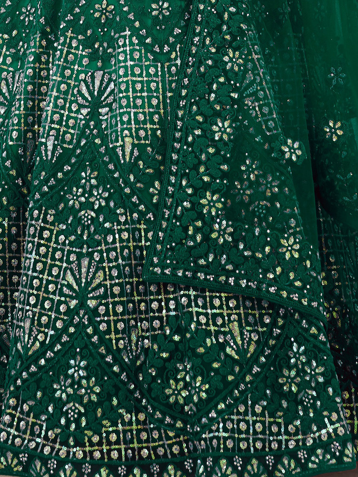 Odette Green Net Embroidered Semi Stitched Lehenga With Unstitched Blouse for Women