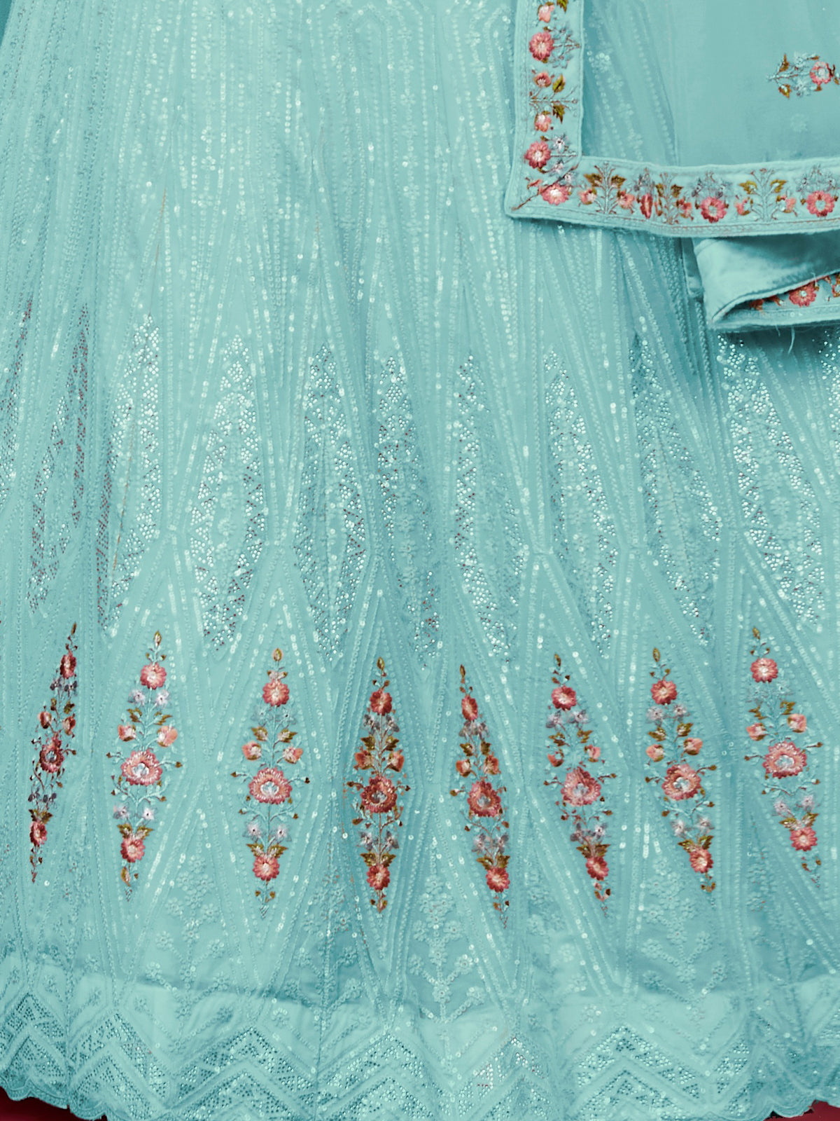 Odette Sky Blue Georgette Embellished Semi Stitched Lehenga With Unstitched Blouse for Women