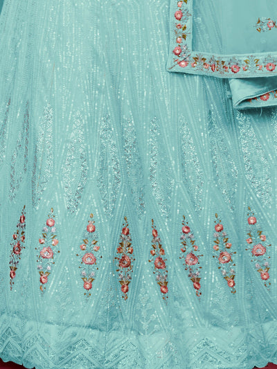 Odette Sky Blue Georgette Embellished Semi Stitched Lehenga With Unstitched Blouse for Women