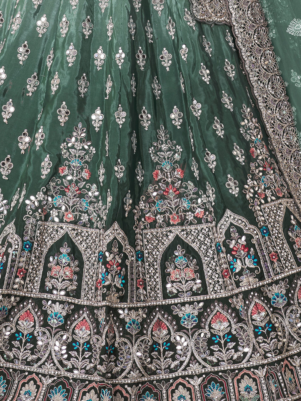Odette Green Crepe Embroidered Semi Stitched Lehenga With Unstitched Blouse for Women