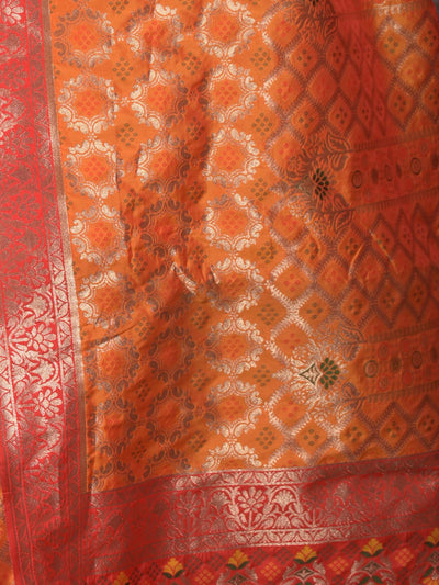 Odette Orange Patola Silk Woven Saree with Unstitched Blouse for Women