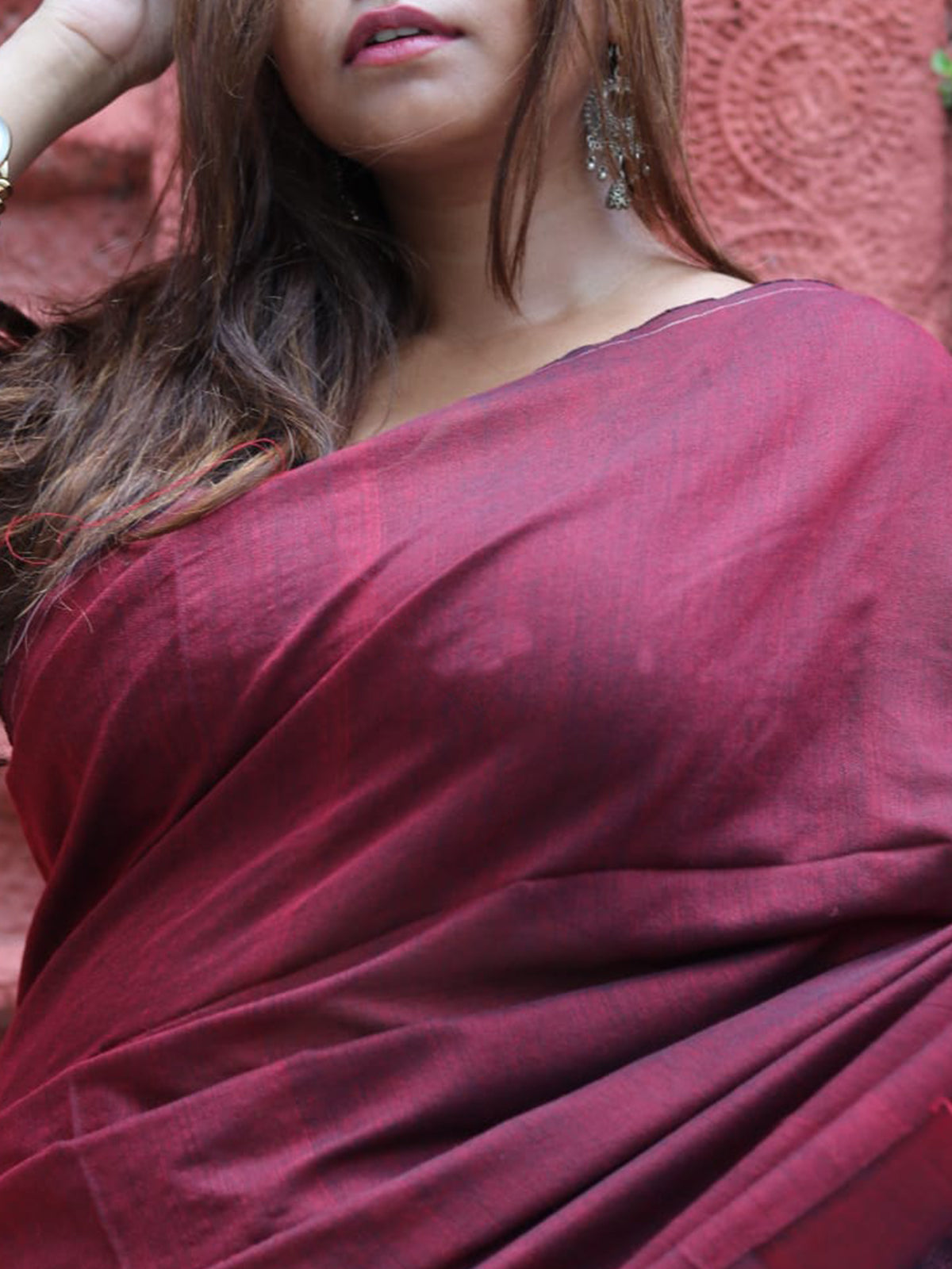 Odette Maroon Cotton  Saree  With Unstitched Blouse for Women