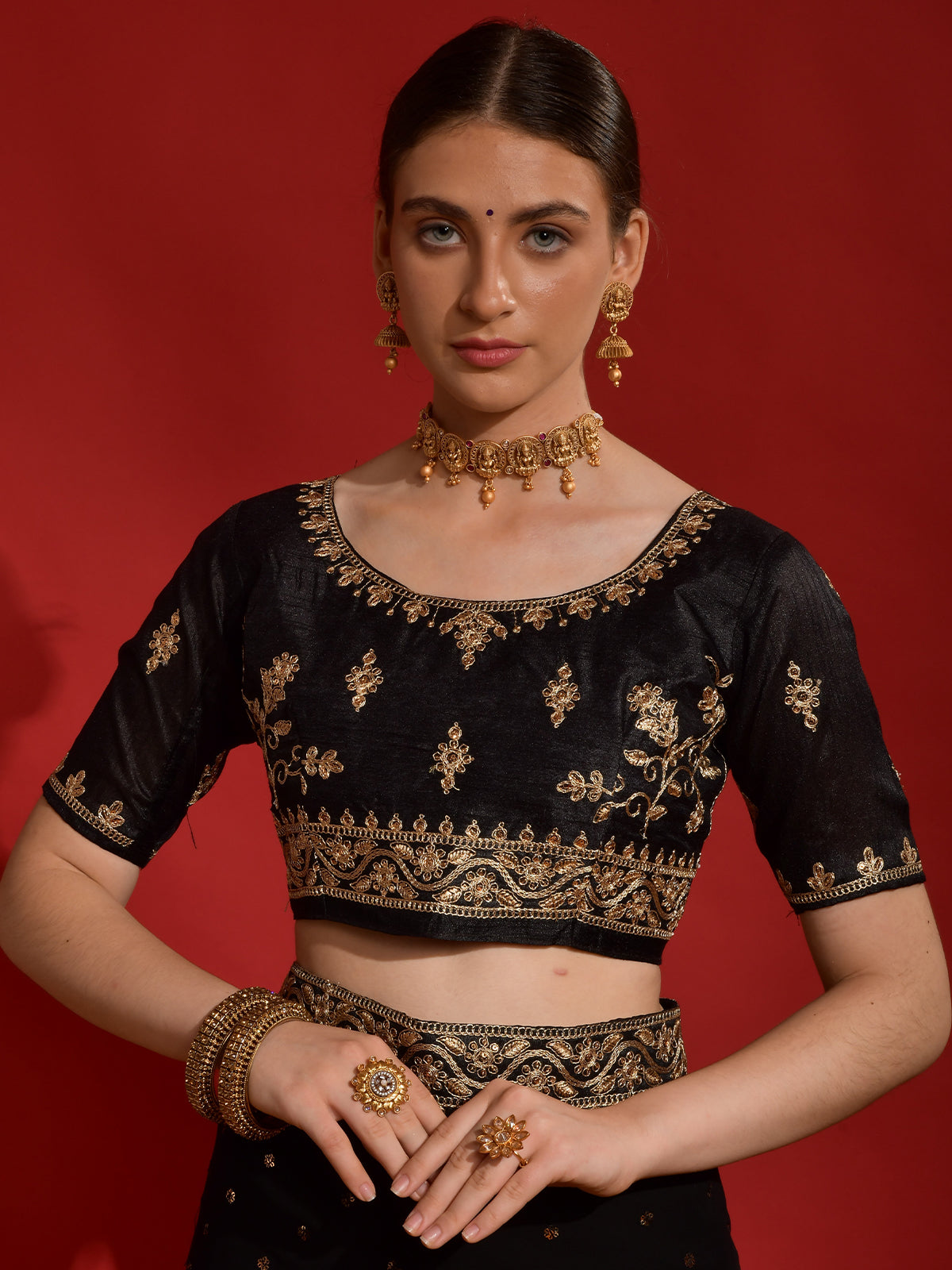 Odette Black Embroidered Georgette Saree With Unstitched Blouse For Women