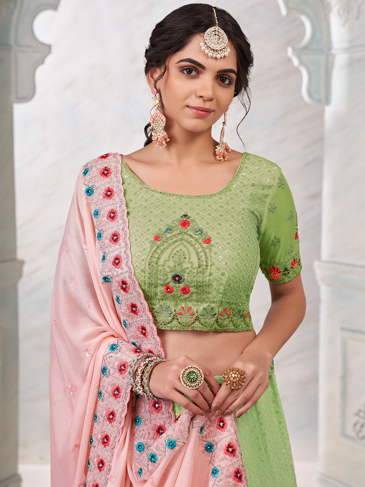 Odette Green Georgette Embroidered Semi Stitched Lehenga With Unstitched Blouse for Women