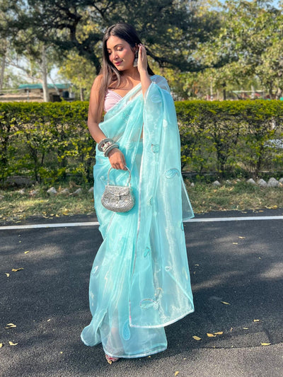 Odette Light Blue Organza Embroidered Saree With Unstitched Blouse For Women