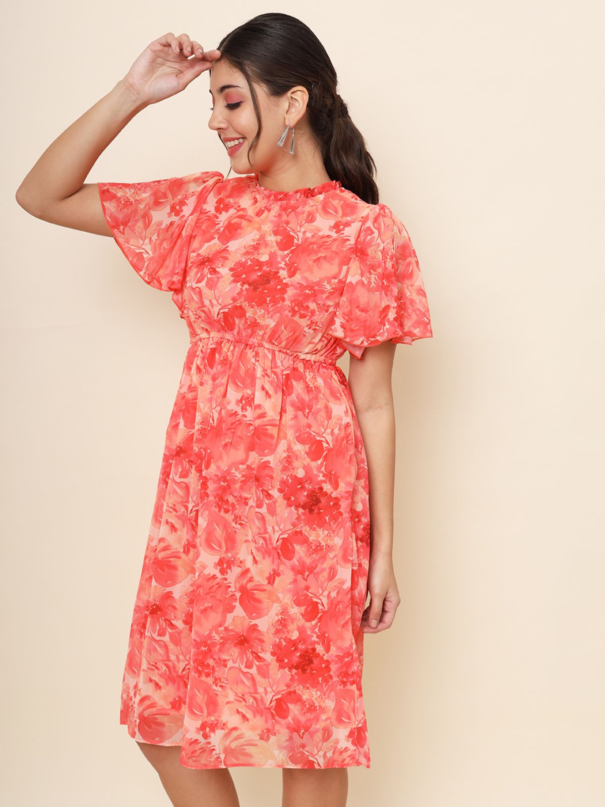 Odette Pink Chiffon Printed Stitched Western Dress For Women