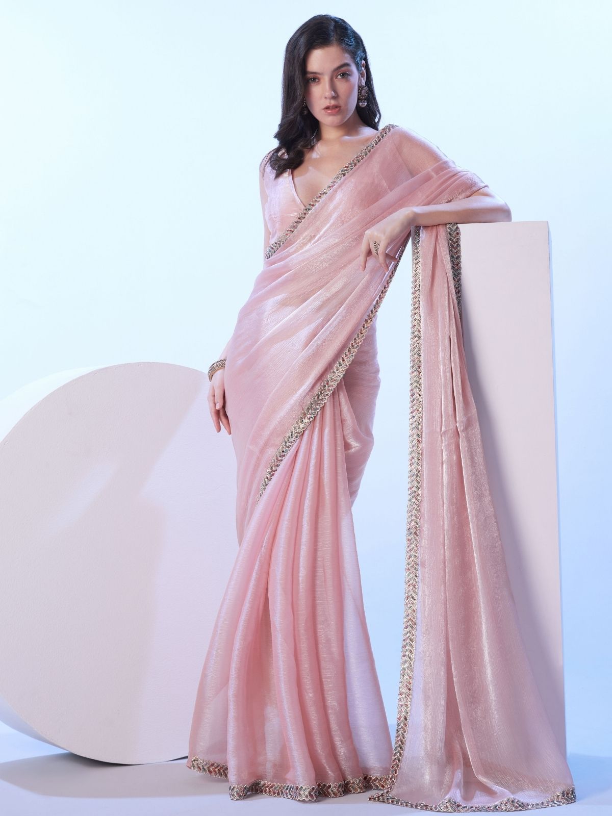 Odette Light Pink Satin Lace Work Saree With Unstitched Blouse For Women