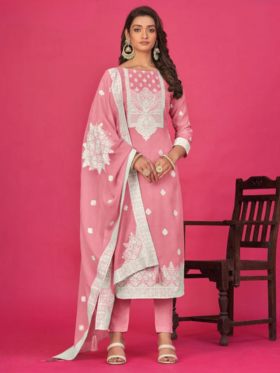 Odette Blush pink Organza Embroidered Semi-Stitched Kurta Set For Women