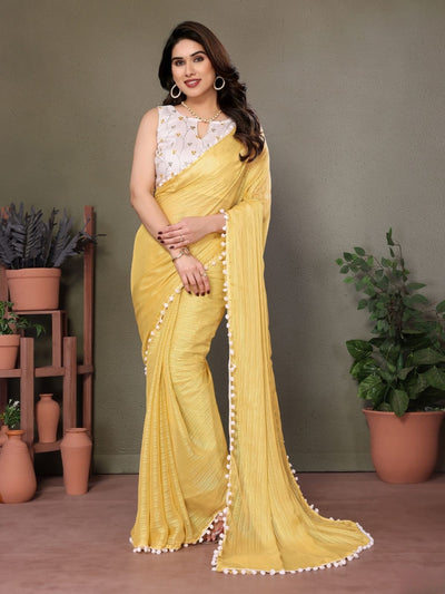 Odette Yellow Banglori Lace Work Saree With Unstitched Blouse For Women