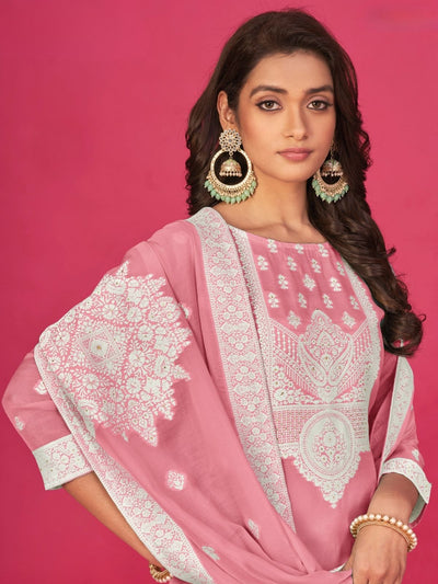 Odette Blush pink Organza Embroidered Semi-Stitched Kurta Set For Women