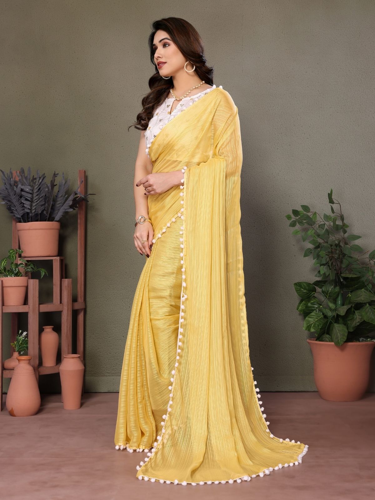 Odette Yellow Banglori Lace Work Saree With Unstitched Blouse For Women