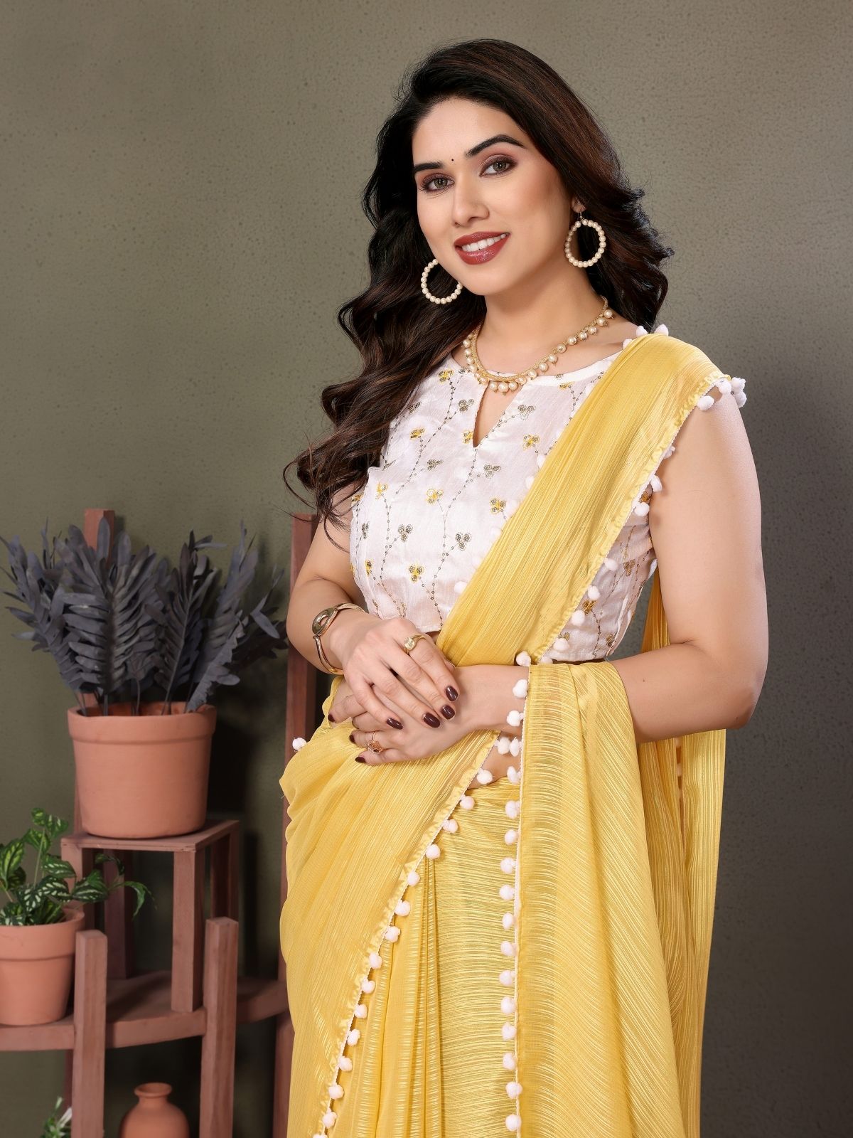 Odette Yellow Banglori Lace Work Saree With Unstitched Blouse For Women