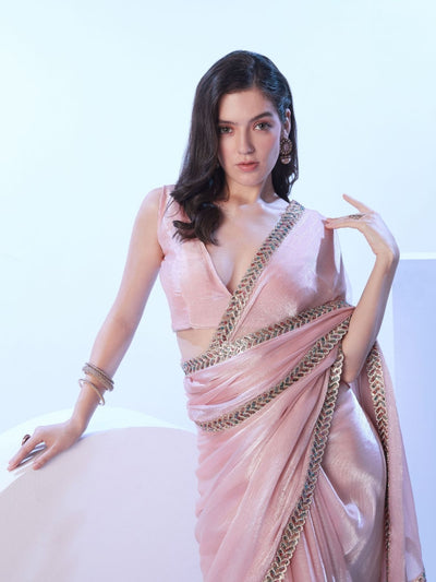 Odette Light Pink Satin Lace Work Saree With Unstitched Blouse For Women