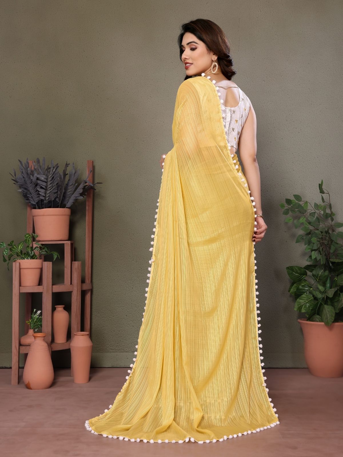 Odette Yellow Banglori Lace Work Saree With Unstitched Blouse For Women