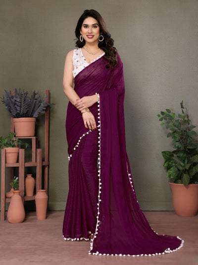 Odette Wine Banglori Lace Work Saree With Unstitched Blouse For Women