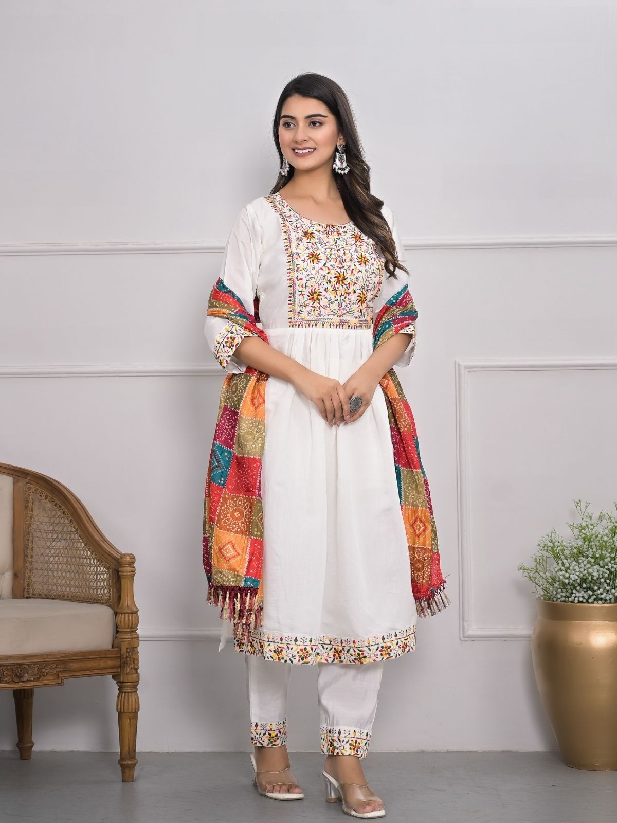 Odette White Silk Blend Embroidered Stitched Kurta Set For Women