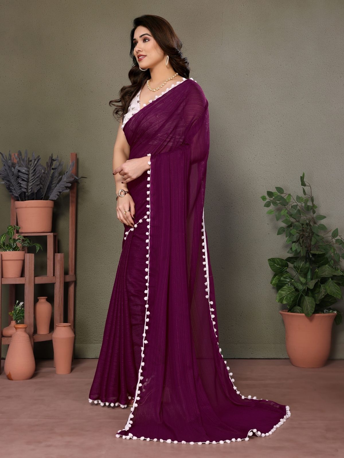 Odette Wine Banglori Lace Work Saree With Unstitched Blouse For Women