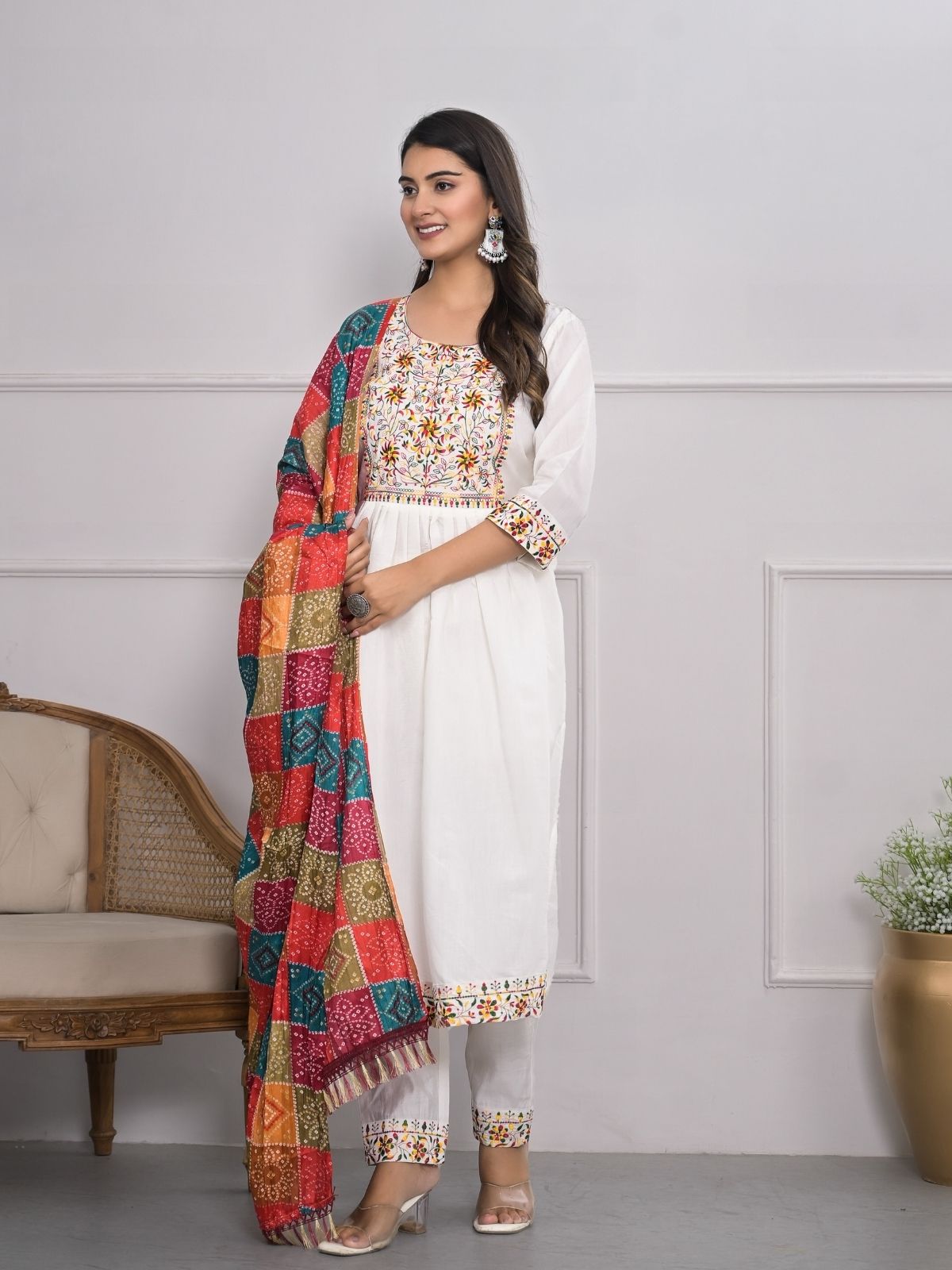 Odette White Silk Blend Embroidered Stitched Kurta Set For Women