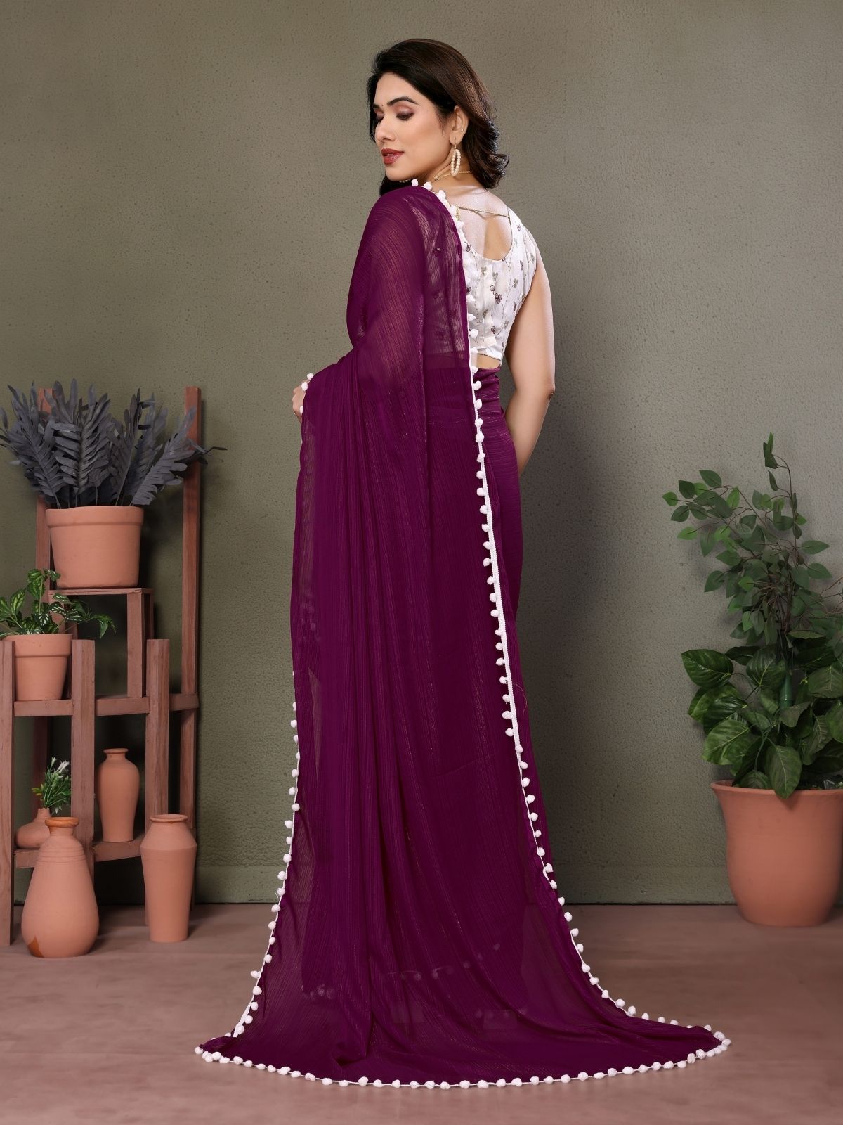 Odette Wine Banglori Lace Work Saree With Unstitched Blouse For Women