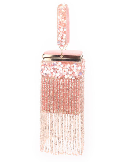 Odette Peach Velvet Beads Embellished Tasseled Clutch For Women