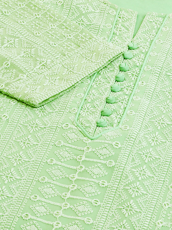 Odette Light Green Embroidered Georgette Stitched Short Kurta For Women
