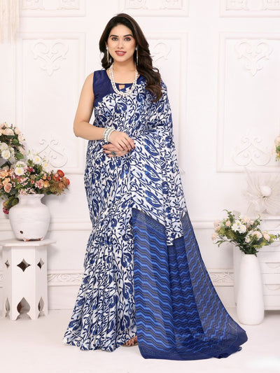 Odette Blue Khadi Printed Saree With Unstitched Blouse For Women