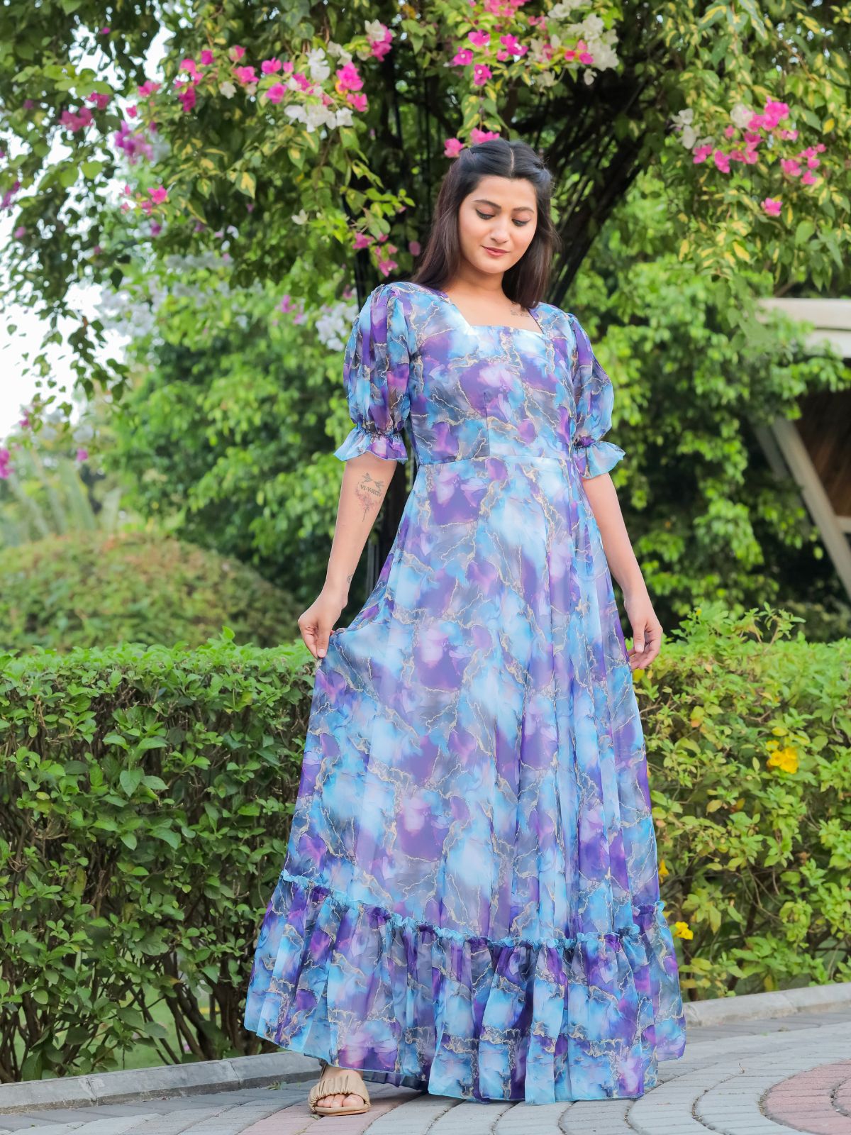 Odette Light Blue Georgette Stitched Printed Indo Western Dress For Wo