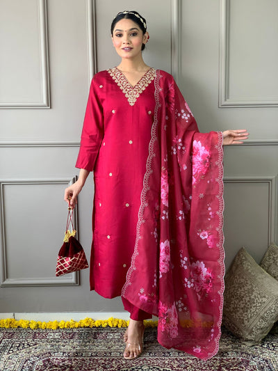 Odette Magenta Viscose Embroidered Stitched Kurta Set For Women