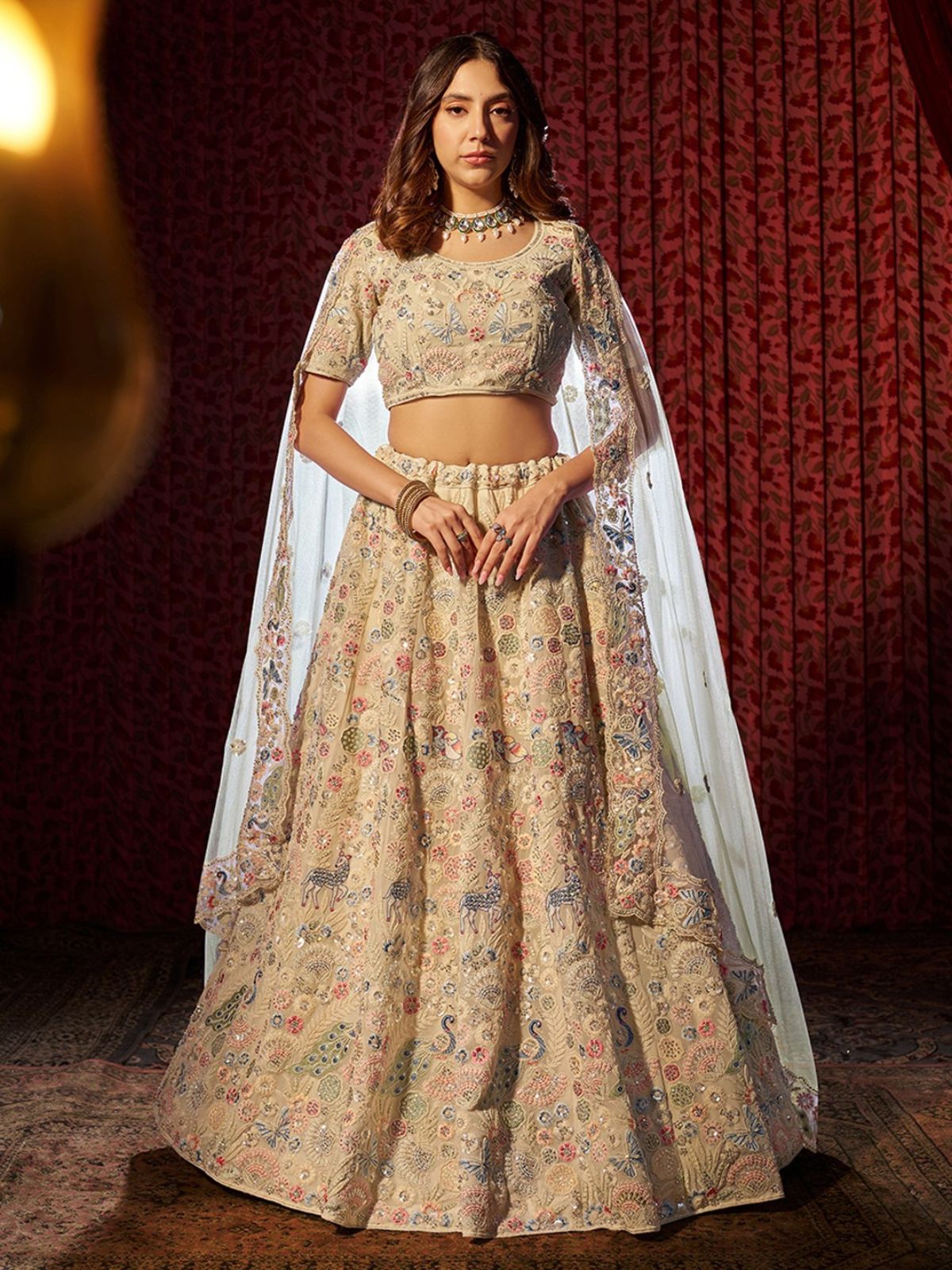 Odette Cream Georgette Embroidered Semi-Stitched Lehenga For Women