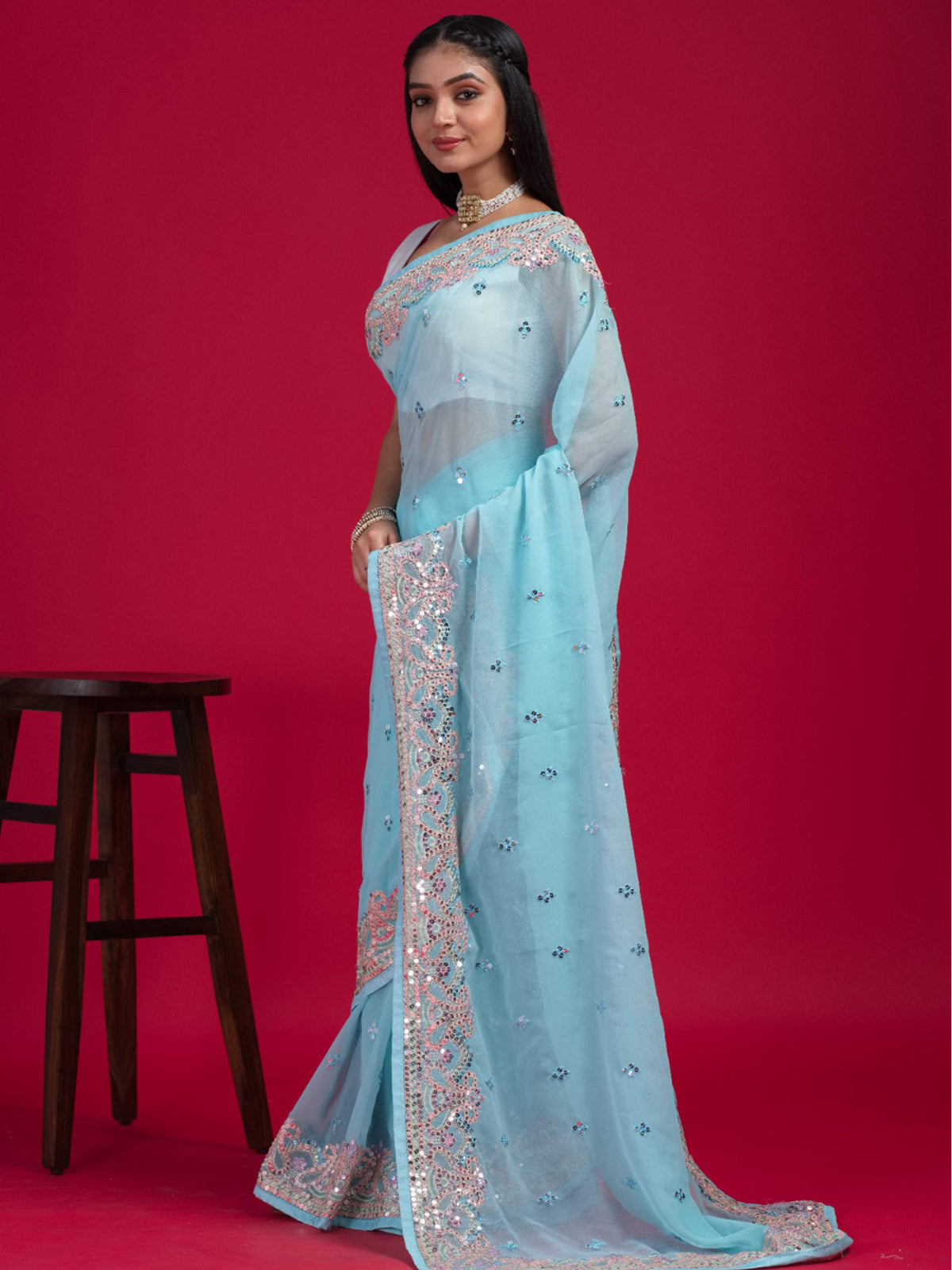 Odette - Blue Georgette Embroidered Saree with Unstitched Blouse