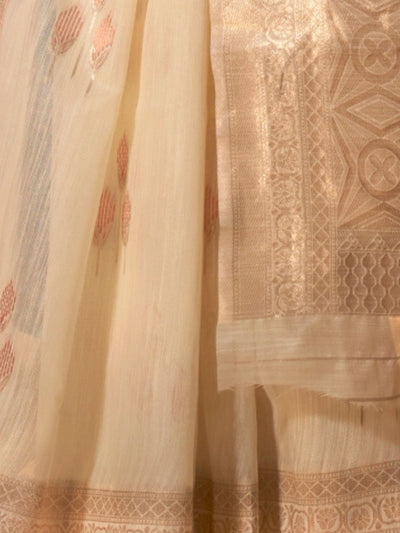 Odette Beige Linen Woven Saree With Unstitched Blouse For Women