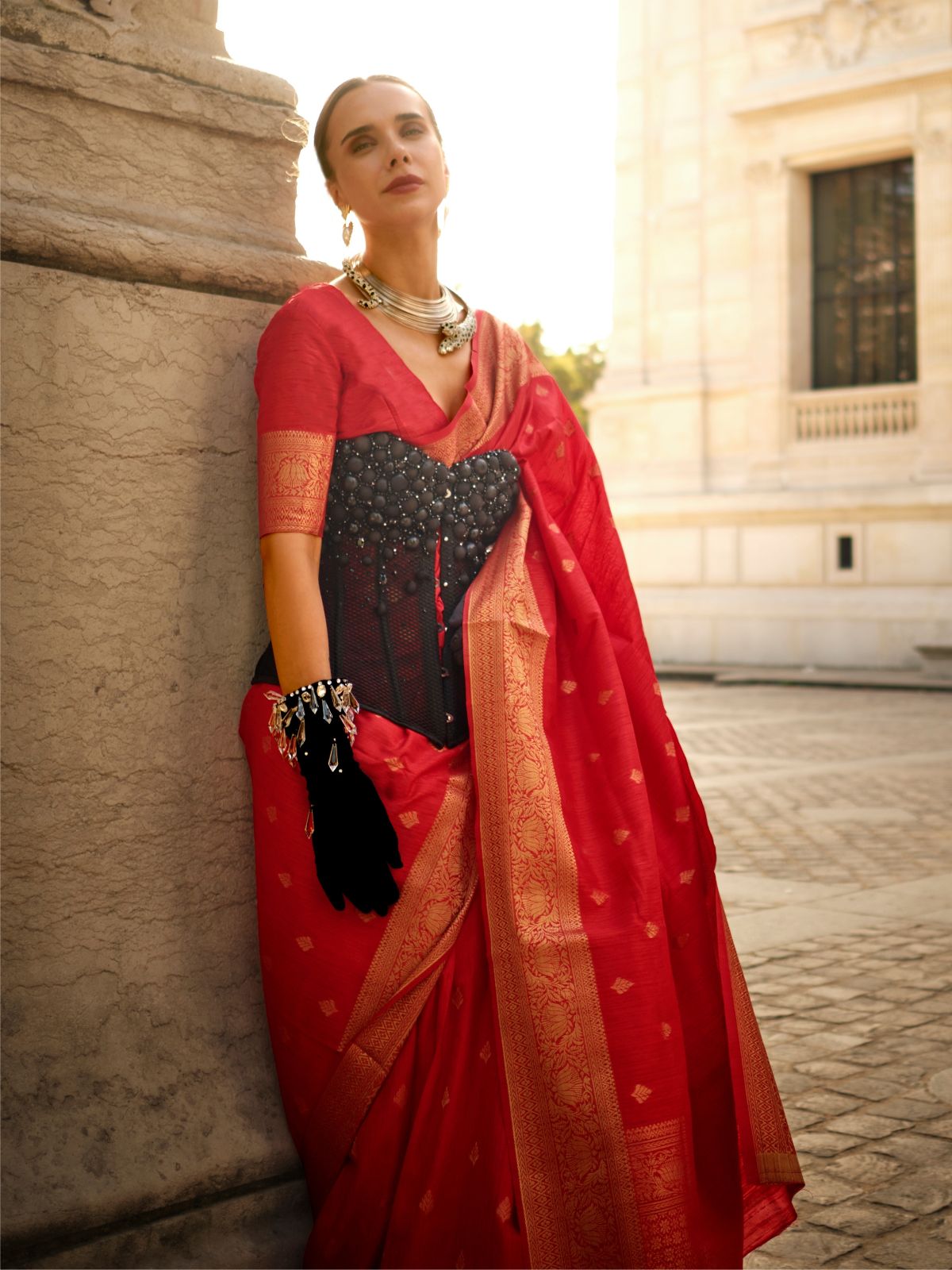 Odette Red Silk Blend Woven Saree With Unstitched Blouse For Women