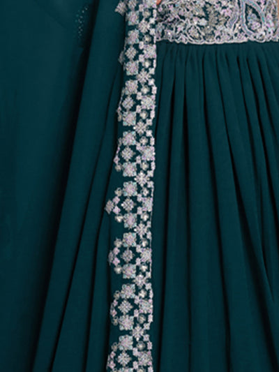Odette Teal Georgette Embroidered Semi Stitched Lehenga With Unstitched Blouse for Women