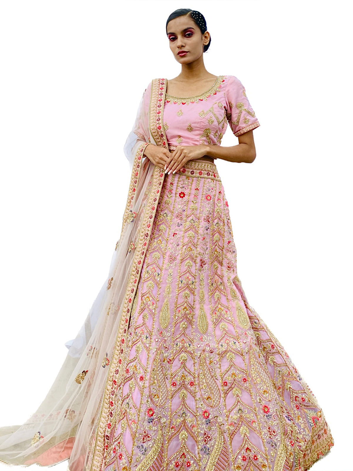 Odette Women Pink Embroidered Georgette Semi Stitched Lehenga With Unstitched Blouse