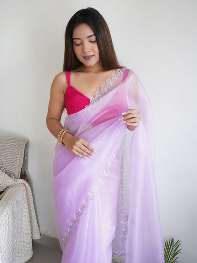 Odette Pink Organza Embroidered Saree With Unstitched Blouse For Women