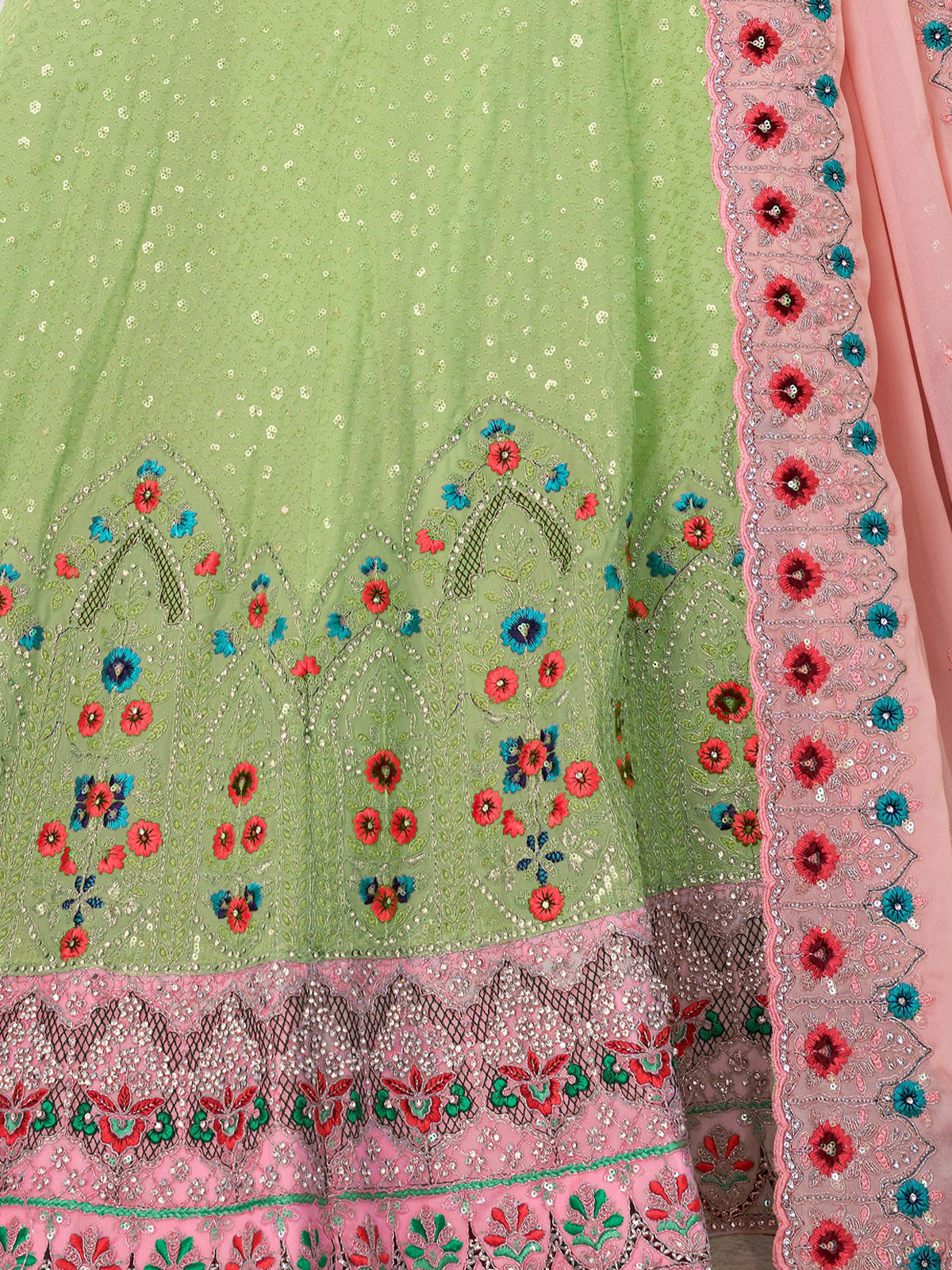 Odette Green Georgette Embroidered Semi Stitched Lehenga With Unstitched Blouse for Women