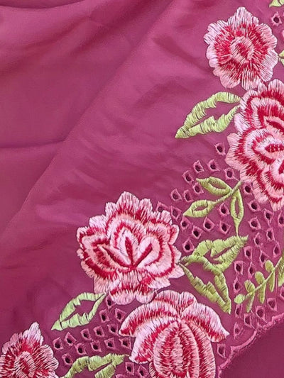 Odette Pink Organza Embroidered Saree With Unstitched Blouse For Women