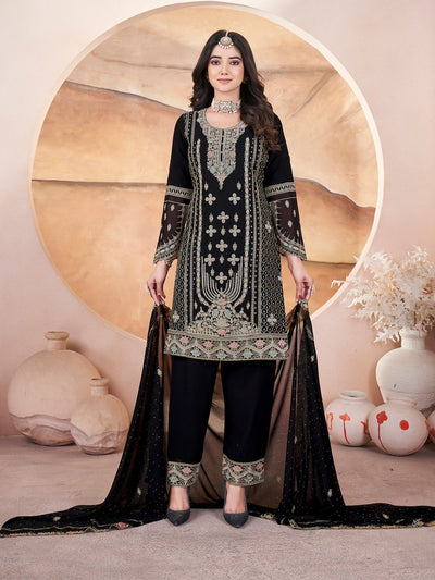 Odette Black Georgette Embroidered Stitched Kurta Set For Women