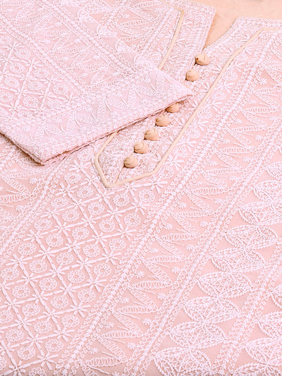 Odette Light Pink Embroidered Georgette Stitched Short Kurta For Women