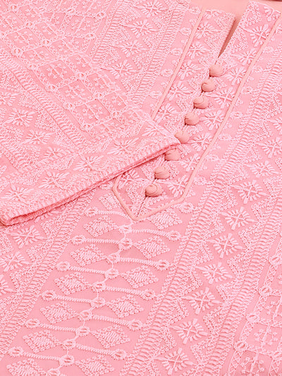Odette Pink Embroidered Georgette Stitched Short Kurta For Women
