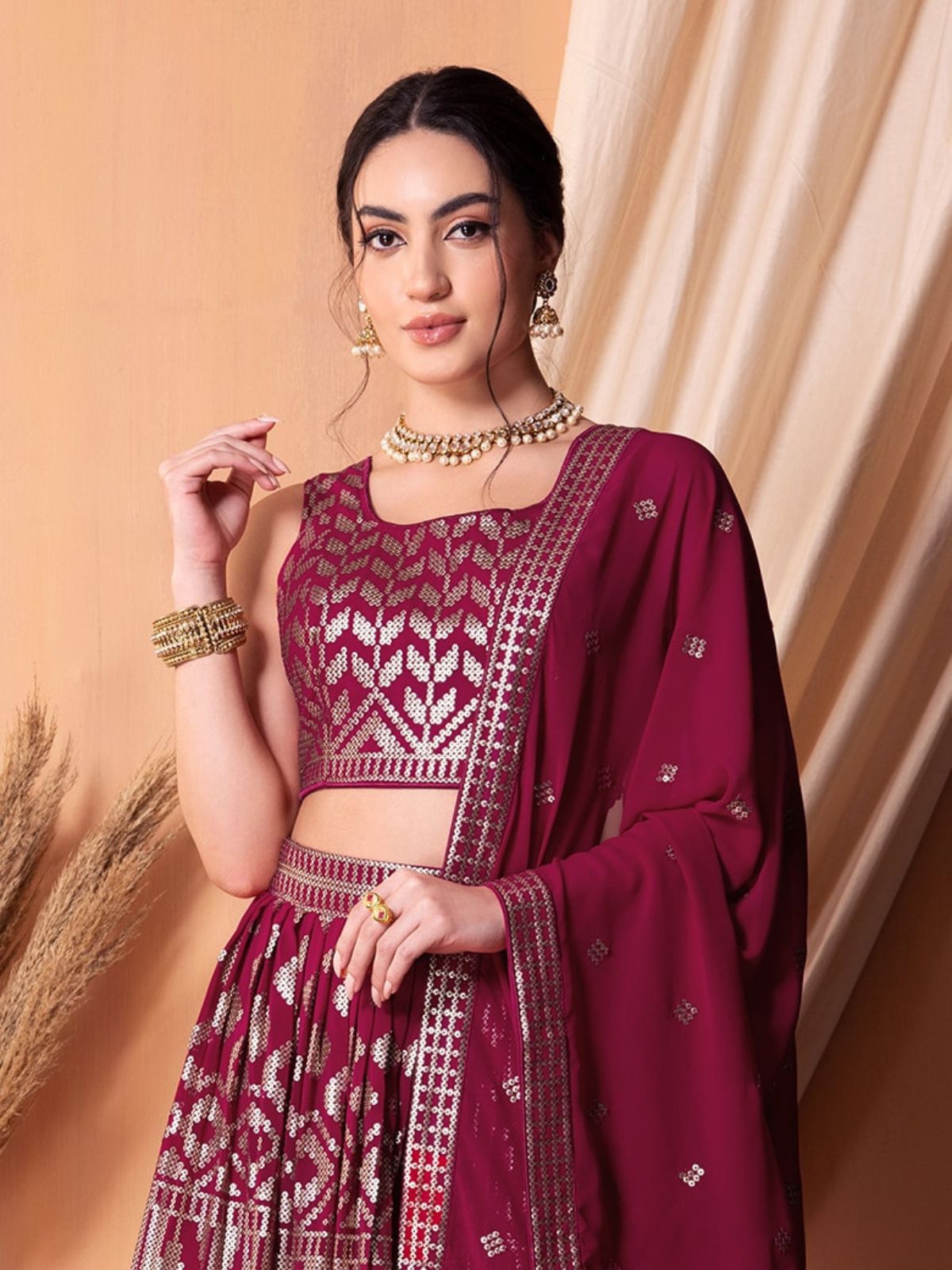 Odette Dark Pink Georgette Embellished Semi-Stitched Kurta Set For Women