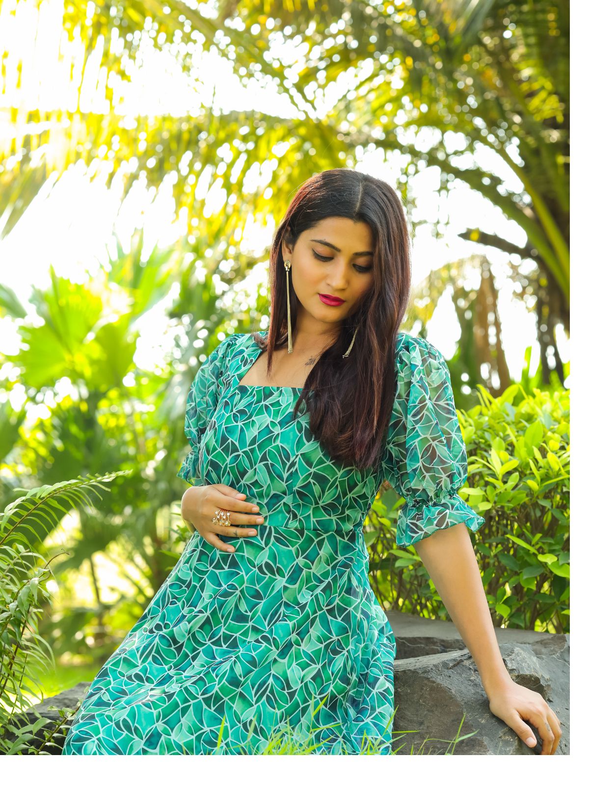 Odette Sea Green Georgette Stitched Printed Indo Western Dress For Women