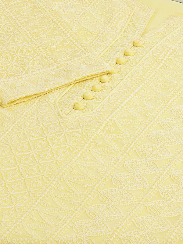 Odette Lemon Embroidered Georgette Stitched Short Kurta For Women
