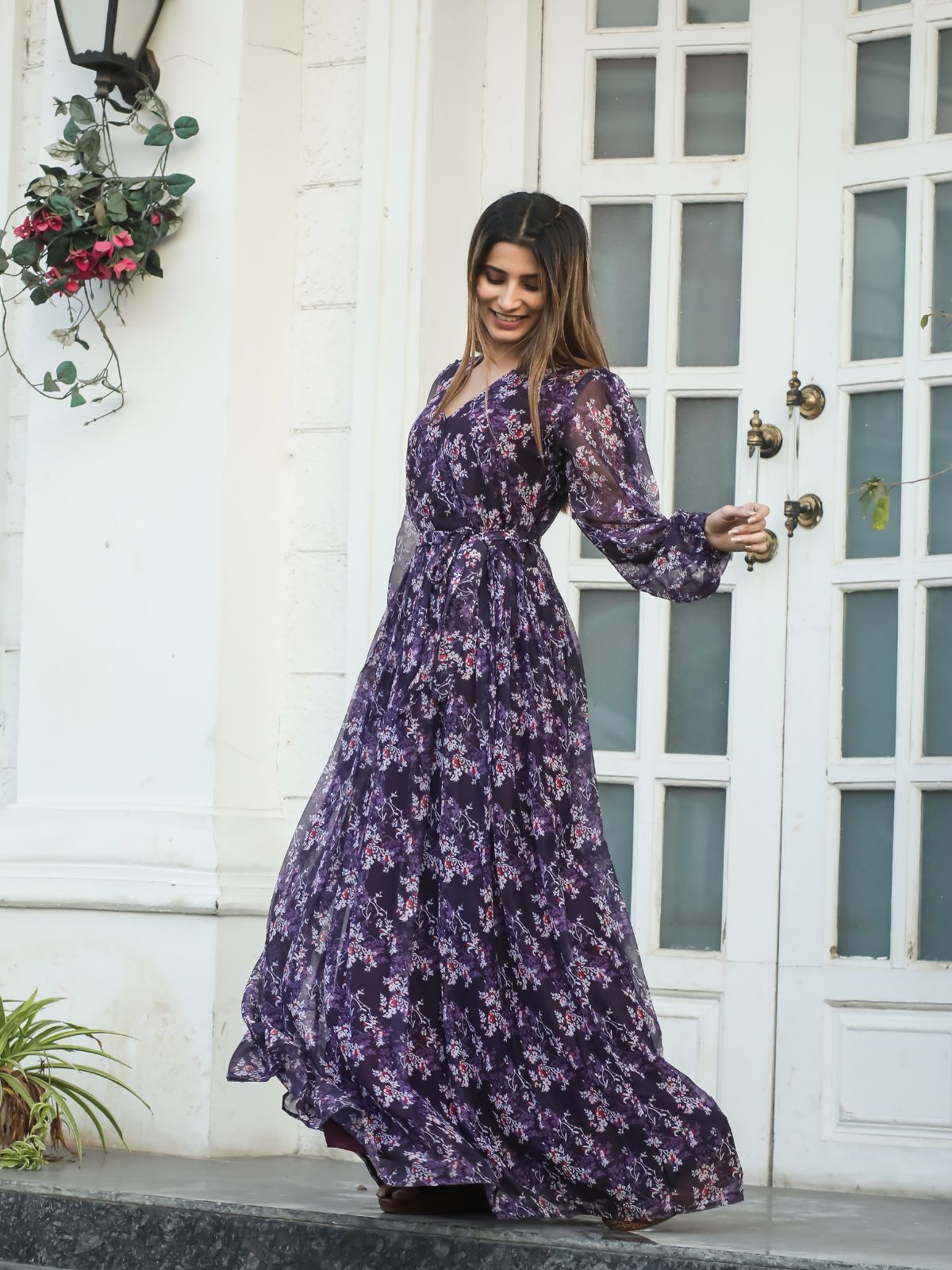 Odette Violet Chiffon Stitched Printed Indo Western Dress For Women